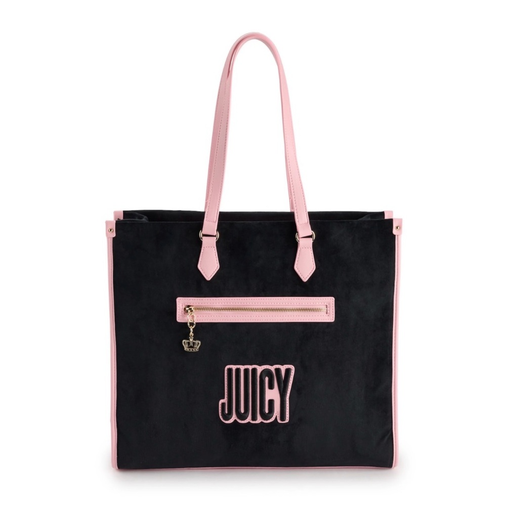 Juicy Couture Large Black Velvet Tote with Pink Leather Accents